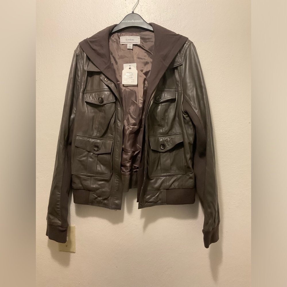 Women’s hooded, leather jacket, brown bomber jacket,